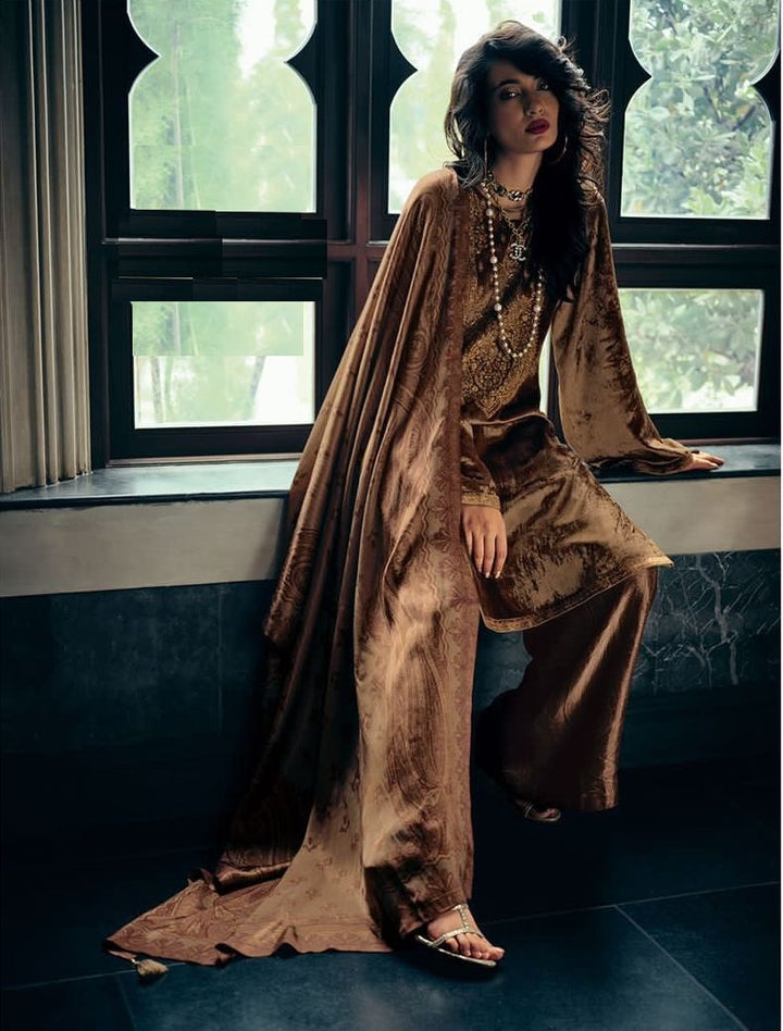 Classy Golden Velvet Embroidered suit with dupatta - Rent