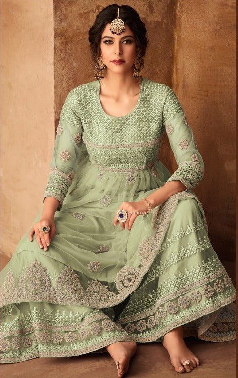 Elegant Green Net Partywear Sharara - Rent