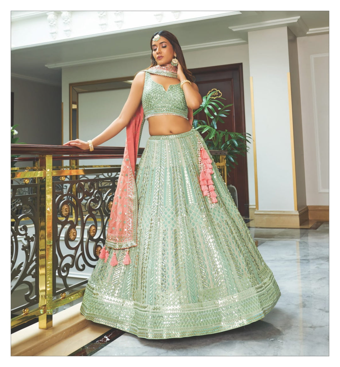 Classy Green Colored Embroidered Lehenga In Georgette Fabric - Rent