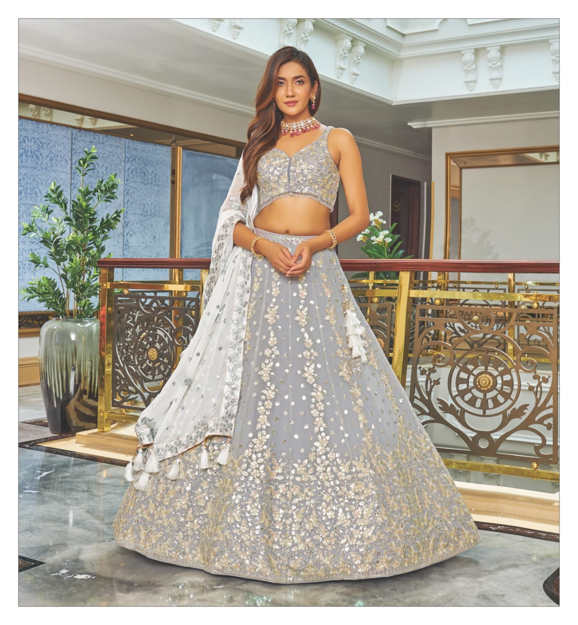 STONE GREY LEHENGA WITH A CONTRAST ASH GREY HANDWORK BLOUSE AND BELT PAIRED  WITH A GREY DUPATTA AND SILVER TASSELS. - Seasons India