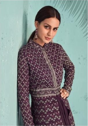 Classy Purple Colored full embroidery Anarkali Jacket Set - Rent