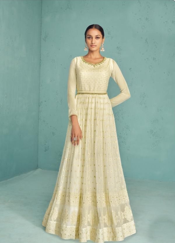 Elegant and Classy Off-White Colored Anarkali Set - Rent