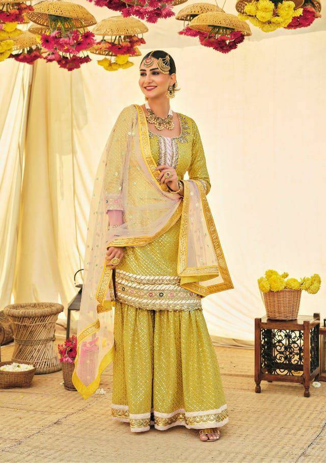 Elegant Yellow Colored Mirror Work Sharara Set - Rent