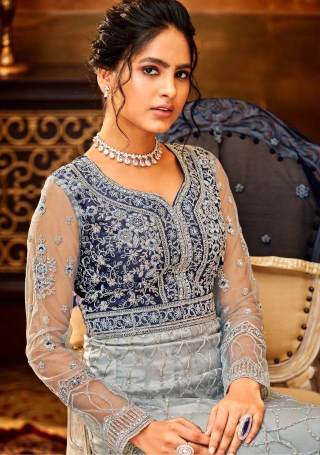 Beautifully designed Sky-Blue colored heavy Anarkali Set - Rent