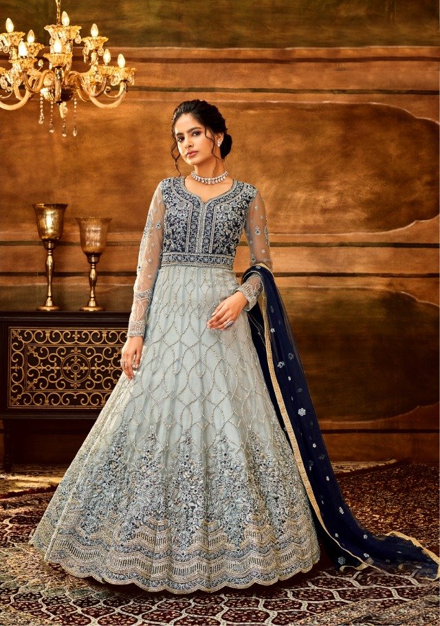 Beautifully designed Sky-Blue colored heavy Anarkali Set - Rent