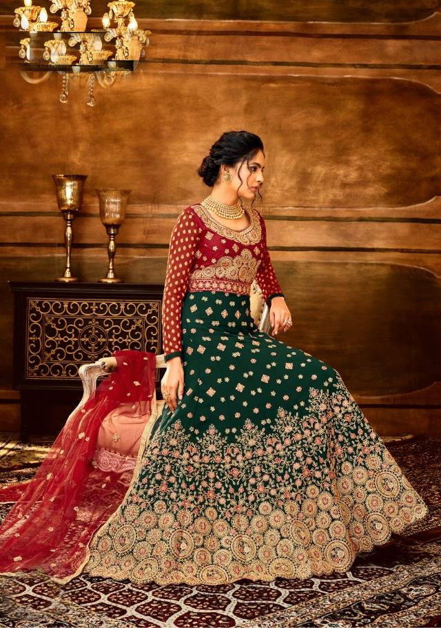 Elegant Red And Green colored heavy Anarkali Set - Rent