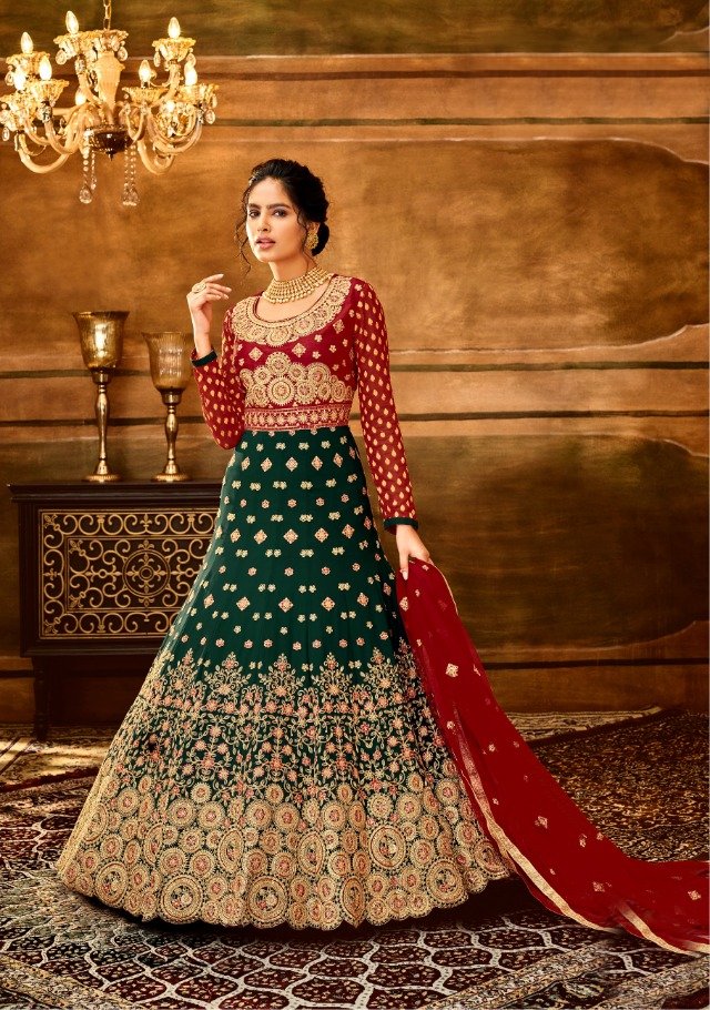 Elegant Red And Green colored heavy Anarkali Set - Rent