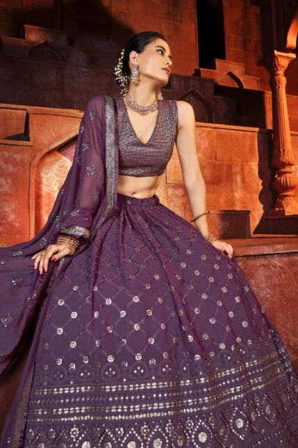 Elegant purple colored Embroidered Lehenga - Rent