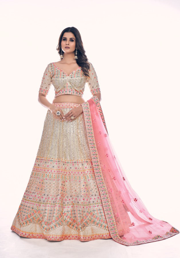 White and Peach Embroidered Lehenga - Rent