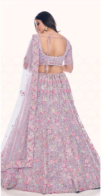 Beautiful Net Lavender colored Embroidered Lehenga - Rent