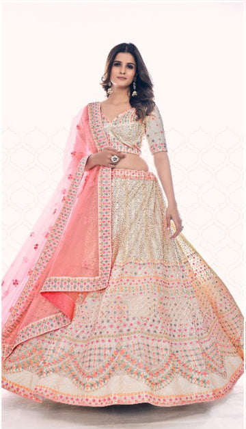 White and Peach Embroidered Lehenga - Rent