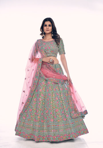 Pink and Green Classy Embroidered Lehenga - Rent