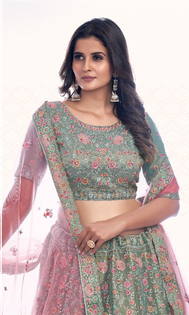 Pink and Green Classy Embroidered Lehenga - Rent