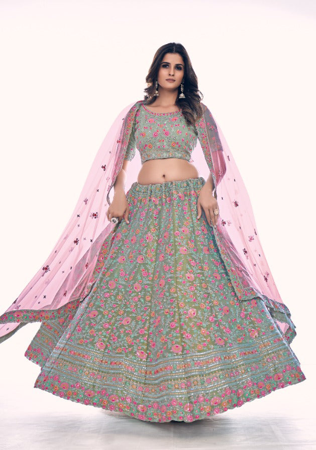Pink and Green Classy Embroidered Lehenga - Rent