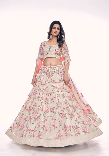 Off white colored Pearl Embroidered Lehenga - Rent