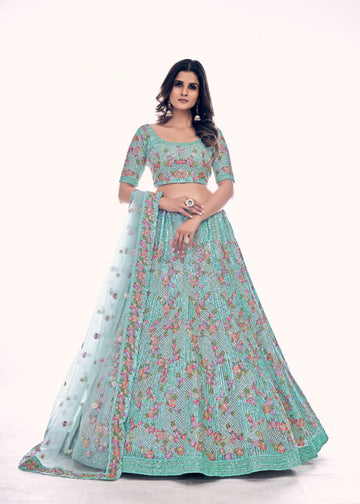 Sky blue colored Embroidered Lehenga - Rent