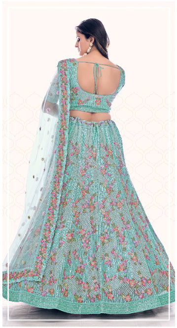 Sky blue colored Embroidered Lehenga - Rent