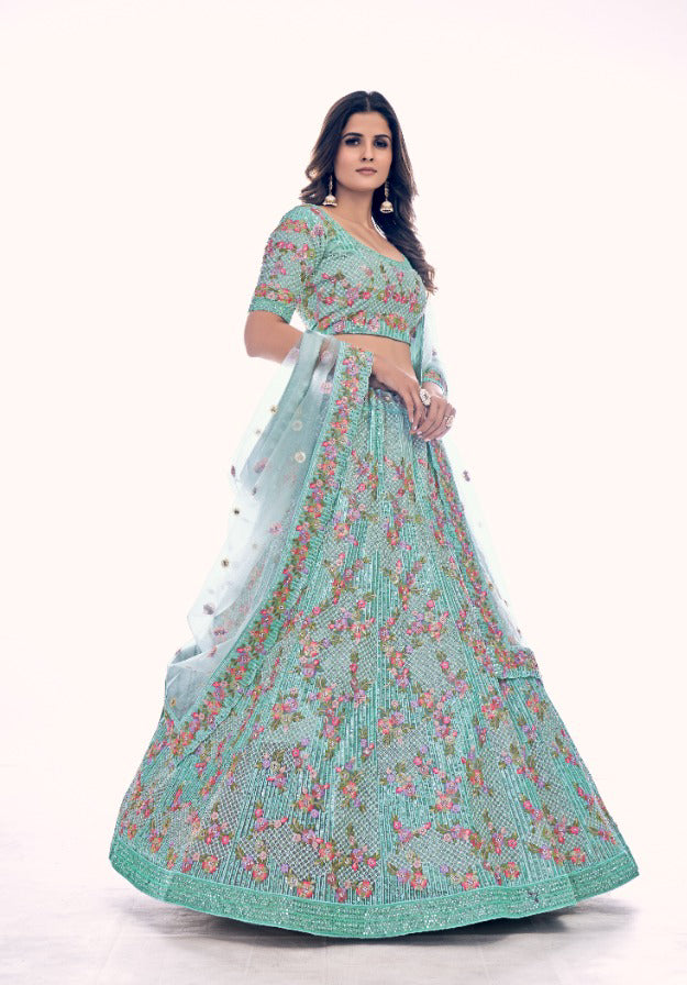 Indian Lehenga Choli - Buy Pink And Turquoise Multi Embroidery Silk Lehenga  Choli At Hatkay