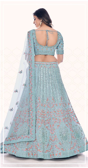 Elegant Blue colored Pearl Embroidered Lehenga - Rent