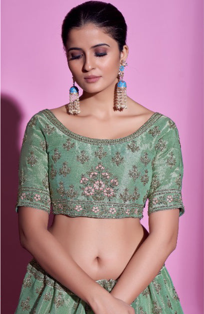 Classy Pista Green Embroidered Lehenga Set - Rent