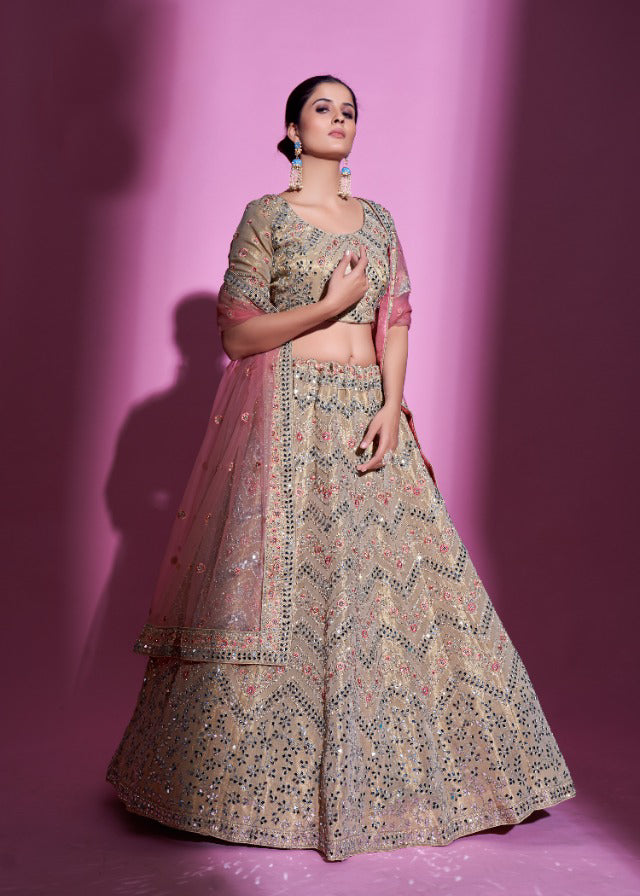 Timeless Tan colored Heavy Embroidered Lehenga Set - Rent