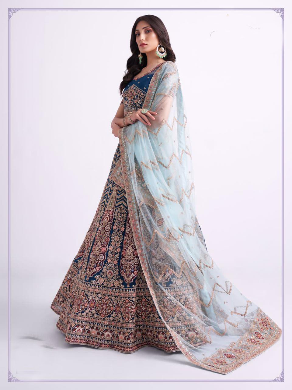 Persian Blue Heavy Embroidered Lehenga Set - Rent