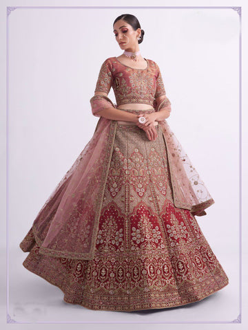 Shaded Rust Heavy Embroidered Lehenga Set - Rent