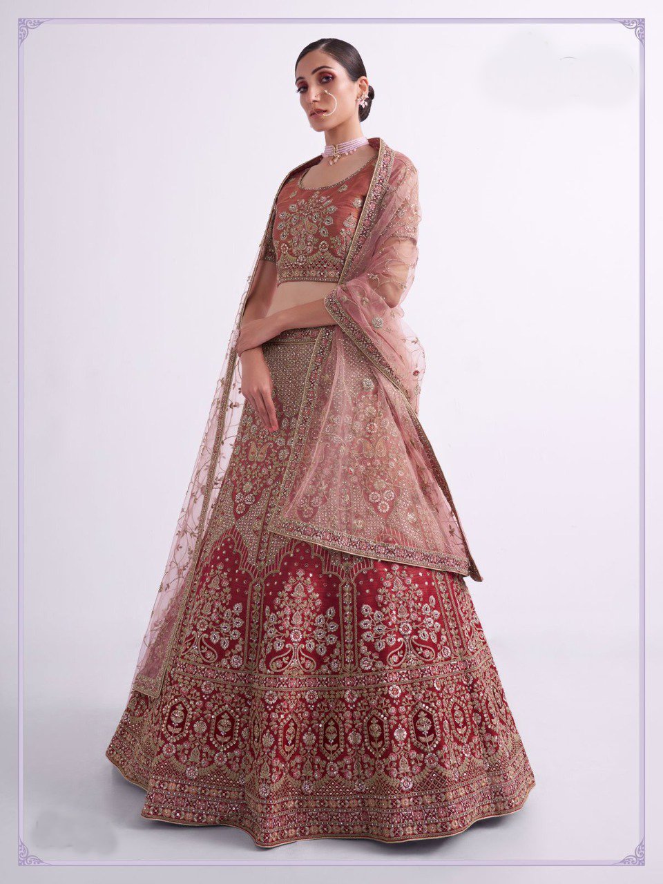 Shaded Rust Heavy Embroidered Lehenga Set - Rent