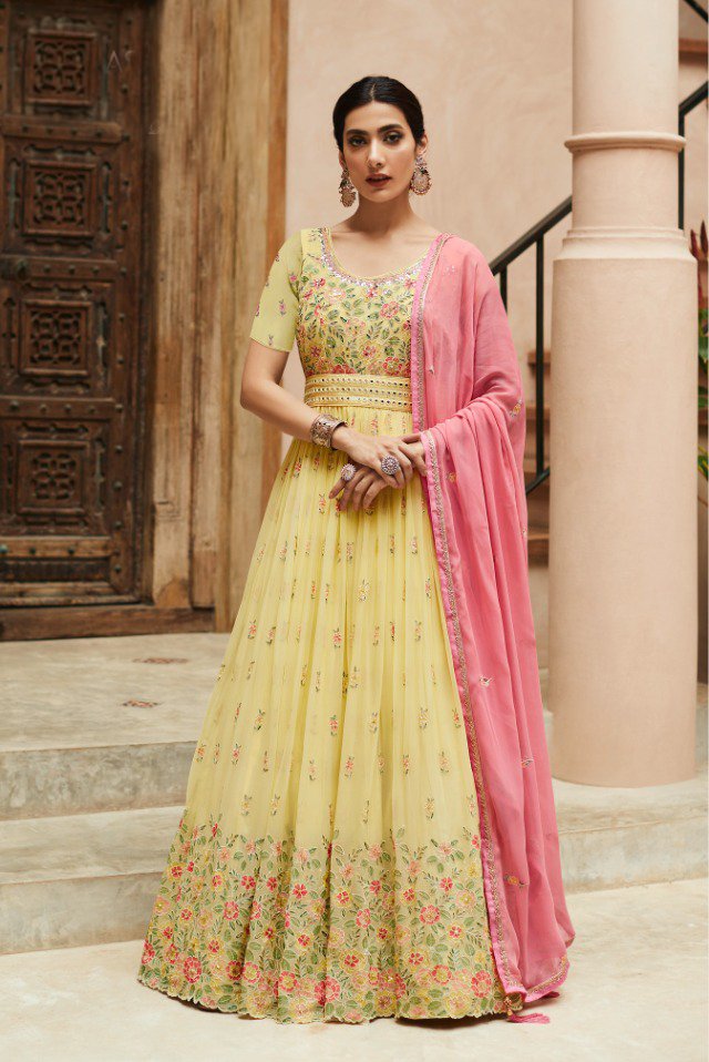 Elegant Yellow colored Heavy Embroidered Anarkali Set - Rent