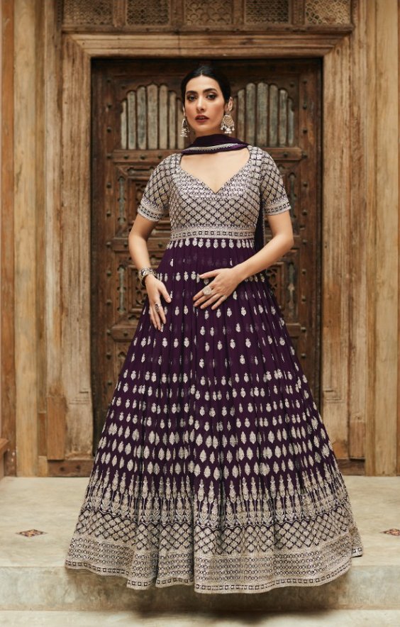 Classy Purple Heavy Embroidered Anarkali Set - Rent