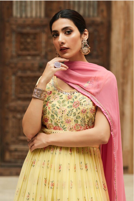 Elegant Yellow colored Heavy Embroidered Anarkali Set - Rent