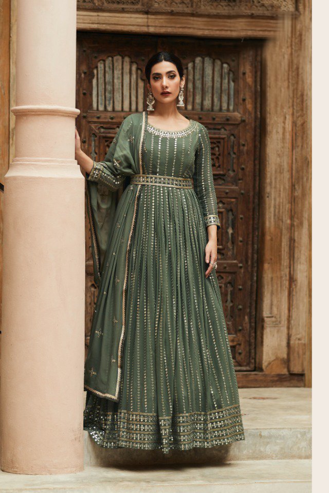 Elegant mehndi colored Heavy Embroidered Anarkali Set - Rent