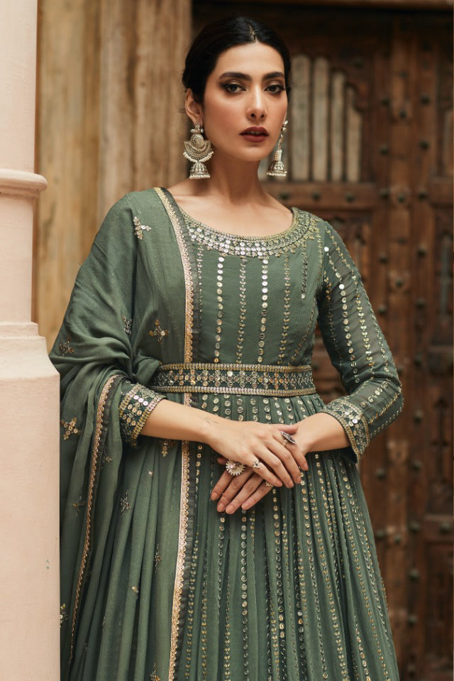 Elegant mehndi colored Heavy Embroidered Anarkali Set - Rent