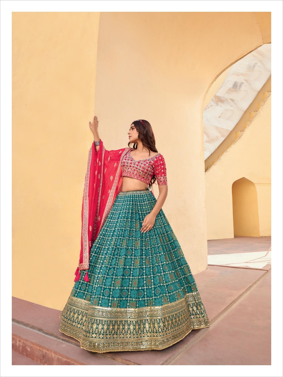 Pink and Ferozi printed  Lehenga Set - Rent