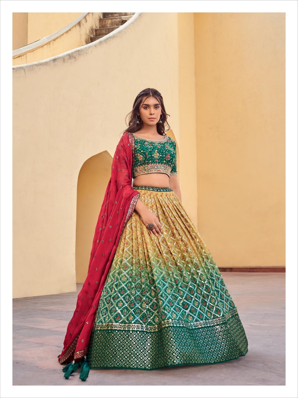 Green and yellow colored beautifully printed Lehenga Set - Rent