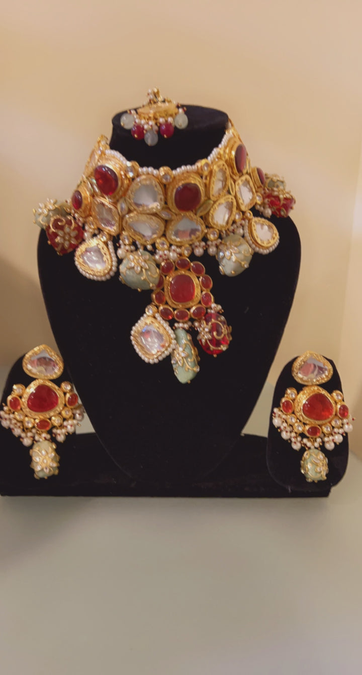 Bridal Red Colored Beautiful Necklace Set With Mang Tikka - Rent