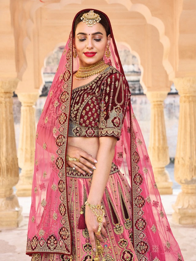 Maroon and Peach heavy embroidered Lehenga Set- Rent