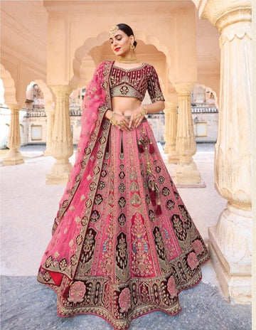 Maroon and Peach heavy embroidered Lehenga Set- Rent