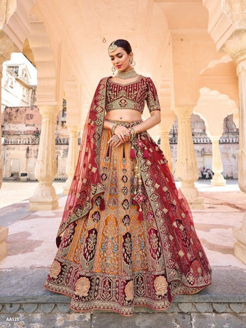 Classy Maroon and mustard heavy embroidered Lehenga Set- Rent