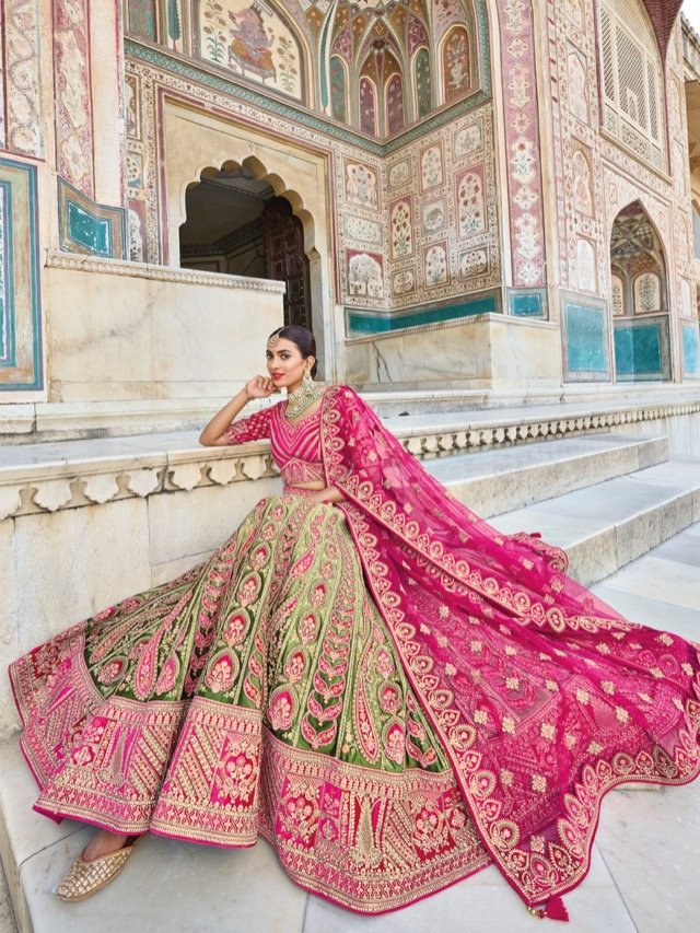 Pink and cream bridal Lehenga Set- Rent