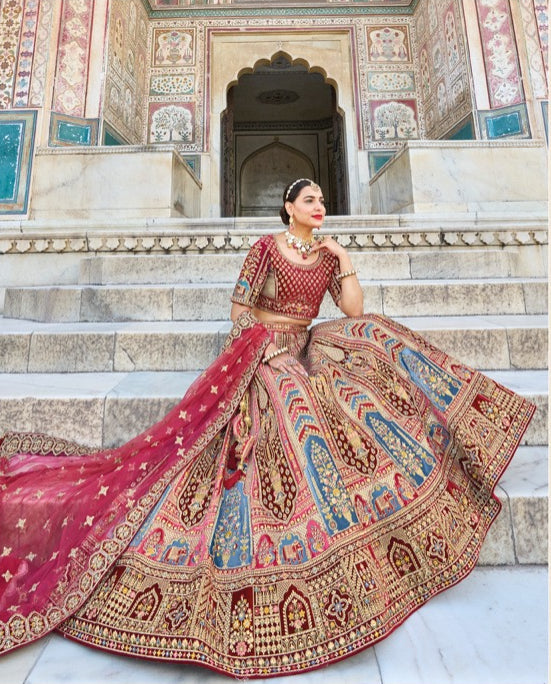 Maroon bridal heavy embroidered Lehenga Set- Rent