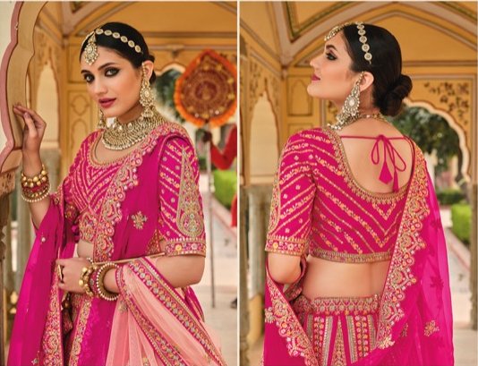 Rani Pink bridal heavy embroidered Lehenga Set- Rent