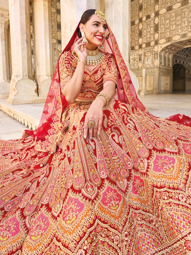 Elegant Red bridal heavy embroidered Lehenga Set- Rent