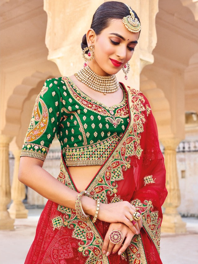 Peach - Net Cream-Red Sequined, Mirror and thread embroidery Semi-Stitched  Lehenga - Absolutely Desi