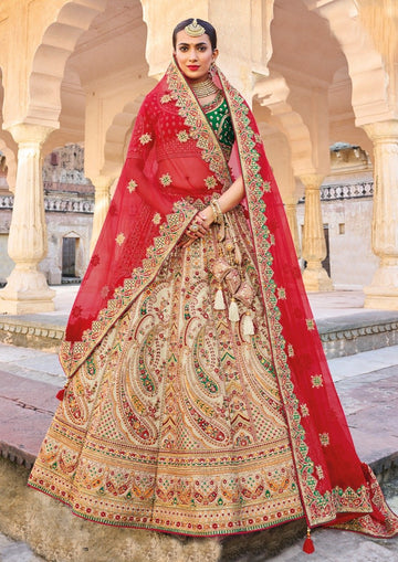 Cream Bridal Heavy Embroidered Lehenga Set With Red Dupatta- Rent