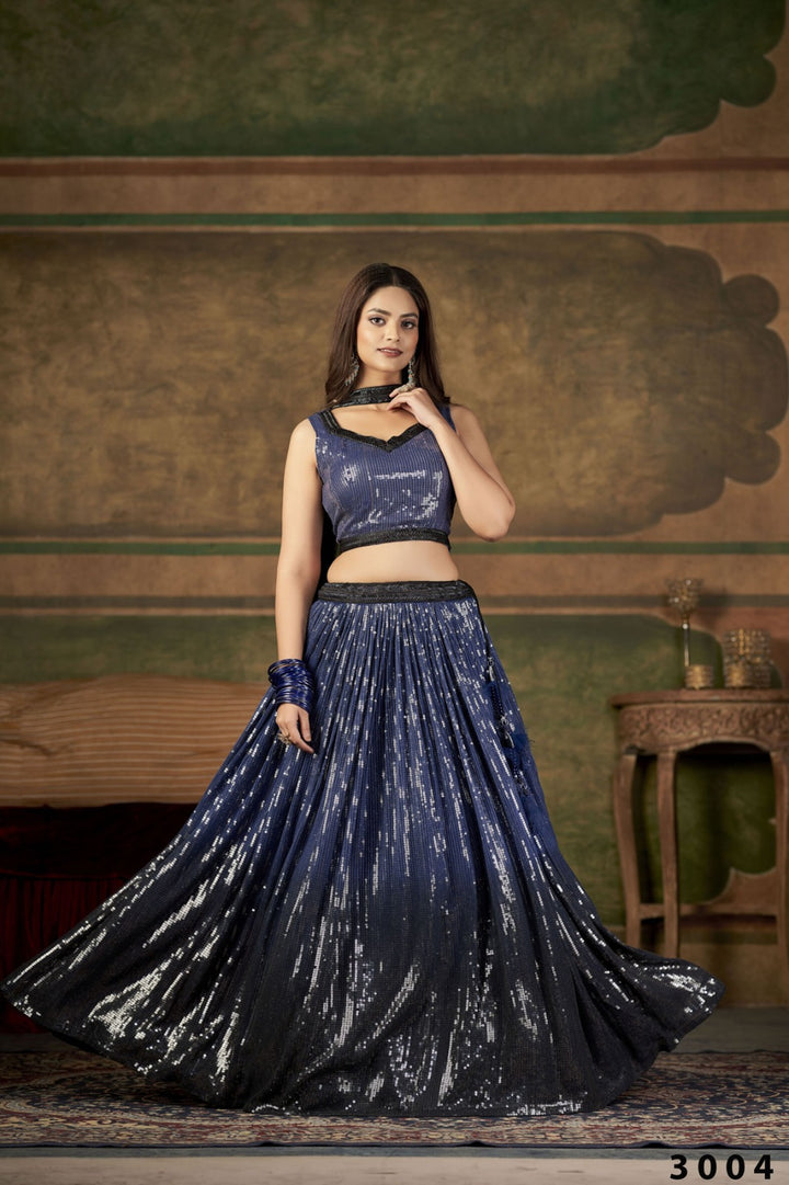 Royal Blue colored Heavy Embroidered Lehenga Set - Rent