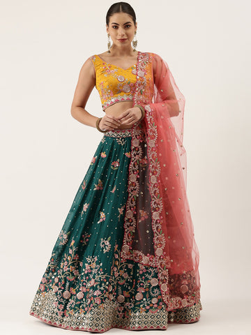 Green and yellow colored beautiful Lehenga Set - Rent