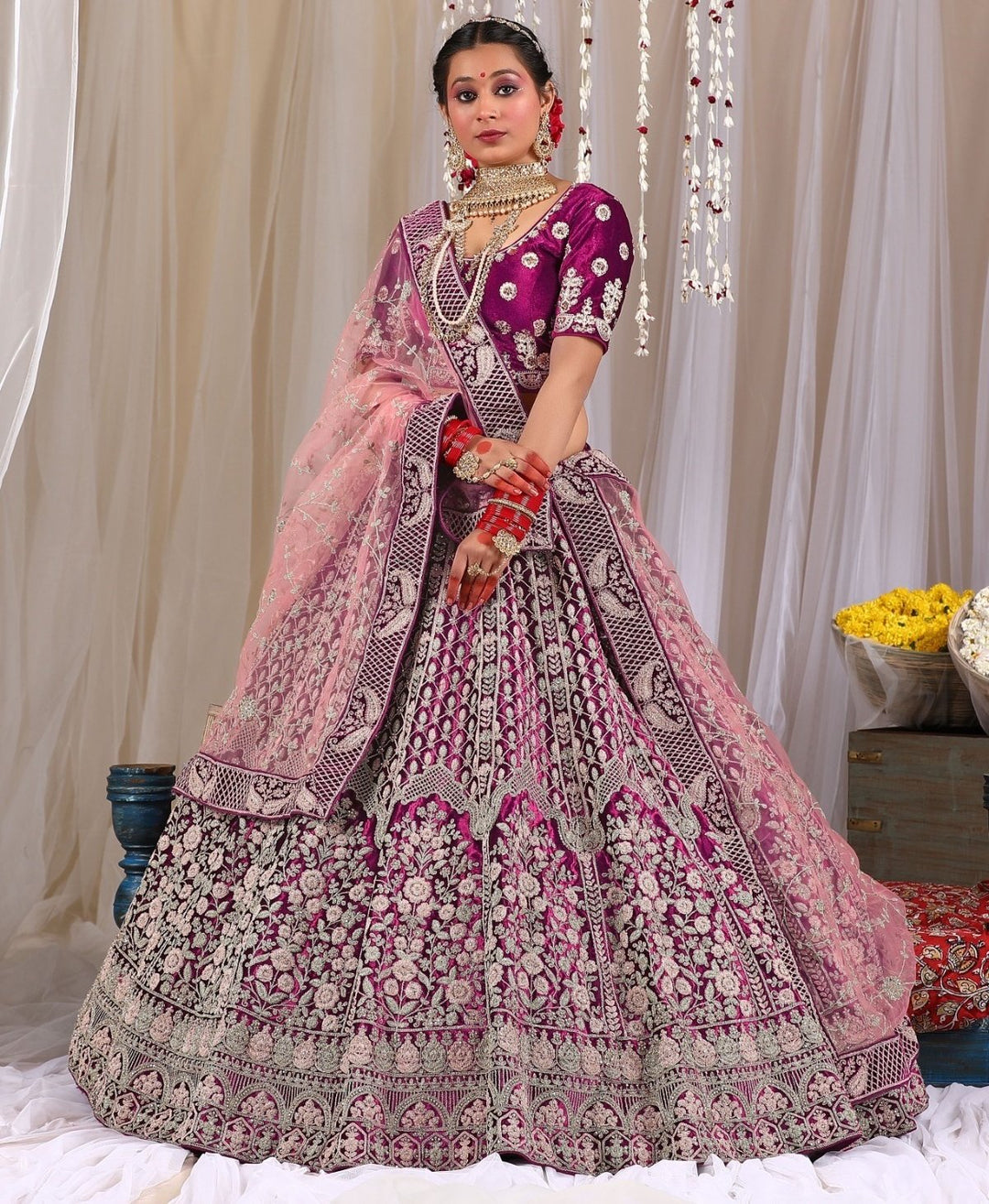 Georgette Purple colored Heavy Embroidered Bridal Lehenga Set - Rent