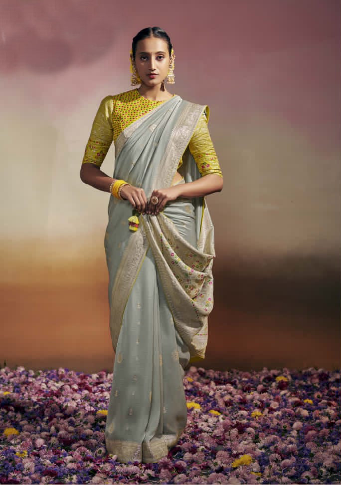 Classy Grey and Yellow colored Designer Saree - Rent