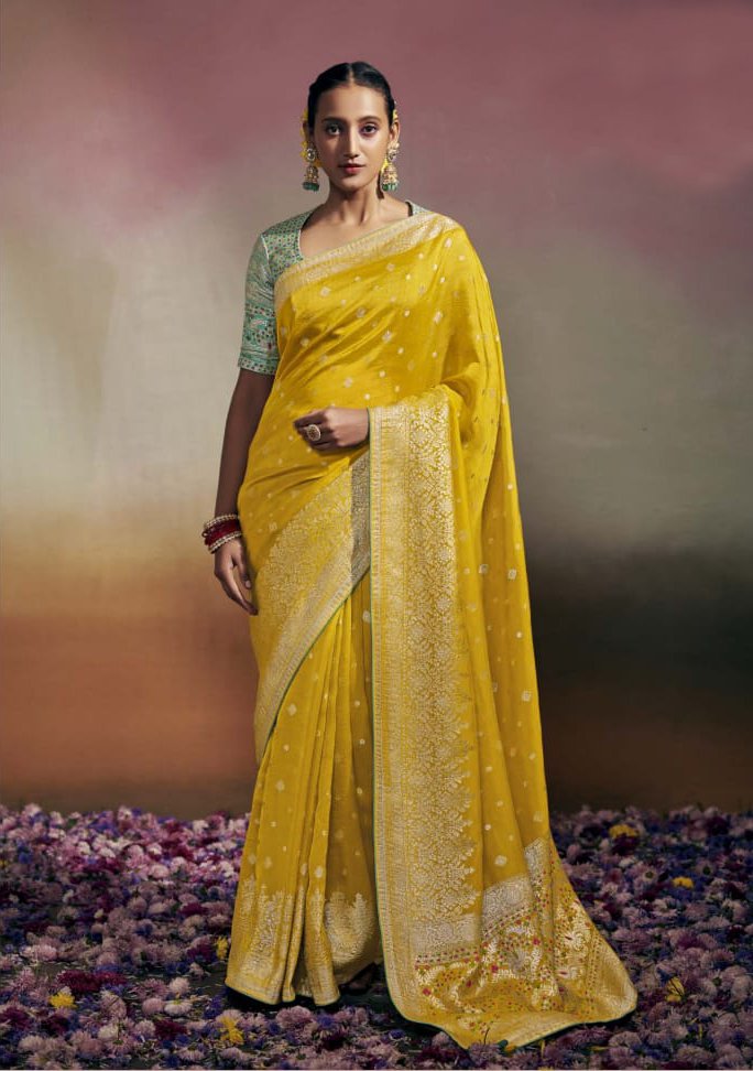 Classy Yellow and Green colored Designer Saree - Rent